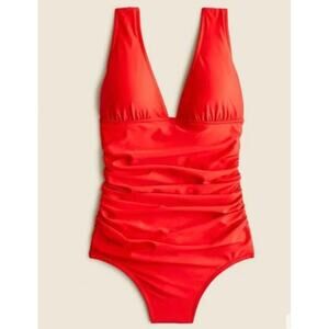J. Crew Ruched V Neck One Piece Swimsuit In Cerise Red Size 8 Long Torso